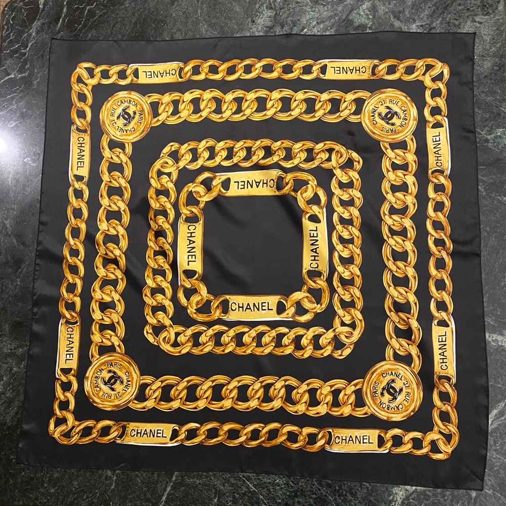 Vintage CHANEL Black Gold Chain Silk Scarf
